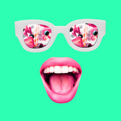 Contemporary art collage, modern design. Summer mood. Sunglasses and female mouthes and lips on blue