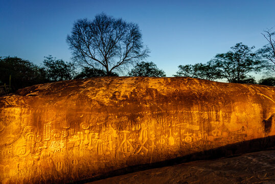 Monolith of great tourist and anthropological importance for having rock inscriptions in low relief of mysterious origin located in Inga, Paraiba, Brazil on February 18, 2008.