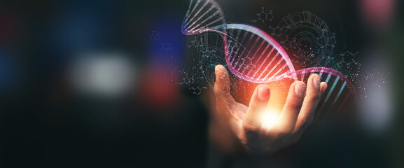 Digital of Virtual analysis chromosome DNA test of human in situations disease COVID-19 virus on hands in 3D illustration. Of free space for texts and creativity. - obrazy, fototapety, plakaty