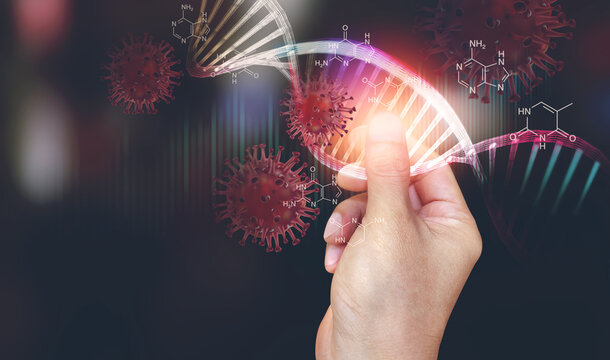 Digital of Virtual analysis chromosome DNA test of human in situations disease COVID-19 virus on hands in 3D illustration. Of free space for texts and creativity.