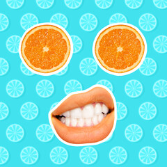 Contemporary art collage, modern design. Summer mood. Juicy orange with female mouthes and lips on blue