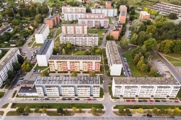 Aerial view of five-storey houses in Kuldiga, Latvia.