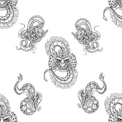 Seamless pattern of hand drawn sketch style abstract dragons isolated on white background. Vector illustration.
