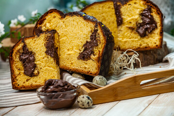 Panettone is an Italian type of sweet bread. Freshly baked sweet braided bread. Eastern European freshly baked dessert