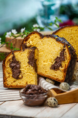 Panettone is an Italian type of sweet bread. Freshly baked sweet braided bread. Eastern European freshly baked dessert