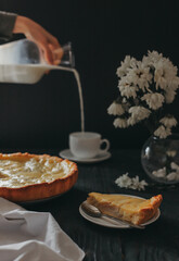 Food photo. Pear pie on black background. Beautiful food composition. Photo for recipe book.