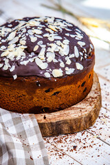 Panettone is an Italian type of sweet bread. Freshly baked sweet braided bread. Eastern European freshly baked dessert