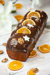 Panettone is an Italian type of sweet bread. Freshly baked sweet braided bread. Eastern European freshly baked dessert