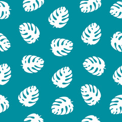 White monstera leaves on turquoise background, tropical seamless pattern. Trendy summer style, vector illustration