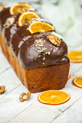 Panettone is an Italian type of sweet bread. Freshly baked sweet braided bread. Eastern European freshly baked dessert