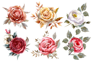 A set of bouquets of flowers and herbs. Watercolor illustration.
