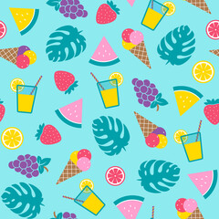 Colourful summer seamless pattern with ice-cream, lemonade, watermelon, strawberry, grapes, citrus slices and monstera leaves on blue background. Trendy flat style, vector illustration