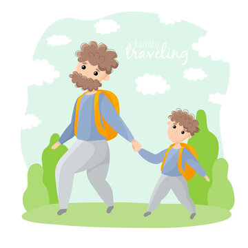 Vector tourism or family activities concept. Father, man with brown beard, traveling in forest with his little son, hiking with bagpacks, spend summer together outside