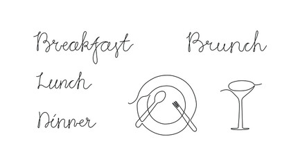 Continuous line drawing text - Breakfast, Lunch, Dinner, Brunch. With illustrations of a cocktail glass and a plate, spoon, fork. Minimalist vector lettering isolated on white background for menu.