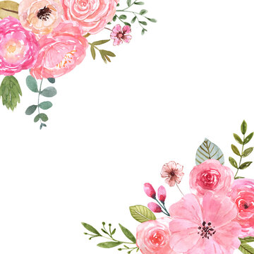Watercolor pretty floral border filled with cute pink flowers and