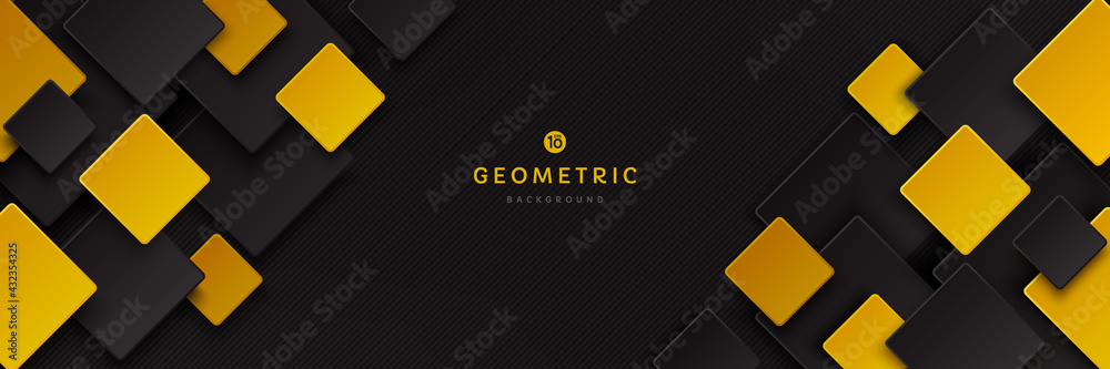 Wall mural modern black and yellow golden color square overlap pattern on dark background with shadow. abstract