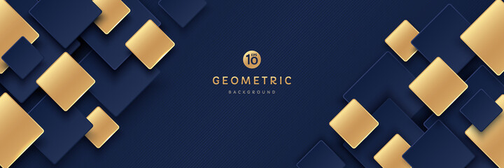 Modern dark blue and golden color square overlap pattern on dark background with shadow. Abstract trendy color geometric shape with copy space. Luxury and elegant concept. Vector EPS10.