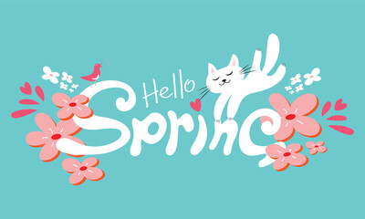 Hello spring greeting card banner. Spring background with hand-drawn logotype. Vector drawing of cute white cat, singing bird and pink flowers.