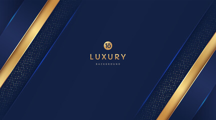 Dark navy blue and gold geometric shapes on background with glowing golden striped lines and glitter. Luxury and elegant. Abstract template design. Design for presentation, banner, cover. EPS 10