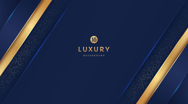 Dark Navy Blue And Gold Geometric Shapes On Background With Glowing Golden Striped Lines And Glitter. Luxury And Elegant. Abstract Template Design. Design For Presentation, Banner, Cover. EPS 10