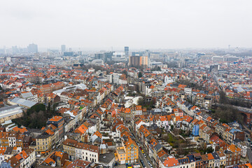 Brussels, Belgium,  January 3, 2021:  . Old town of Brussels view from above. European commission building on the background
