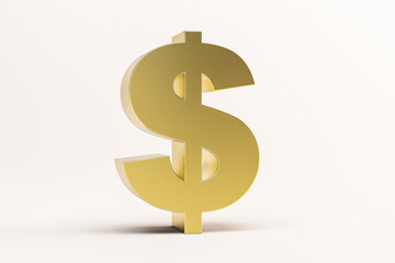 3D illustration golden dollar symbol isolated on white background. 3D rendering for advertising.