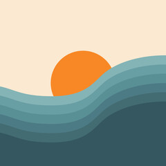 Abstract colorful seascape illustration with blue sea waves and sun decoration at sunset