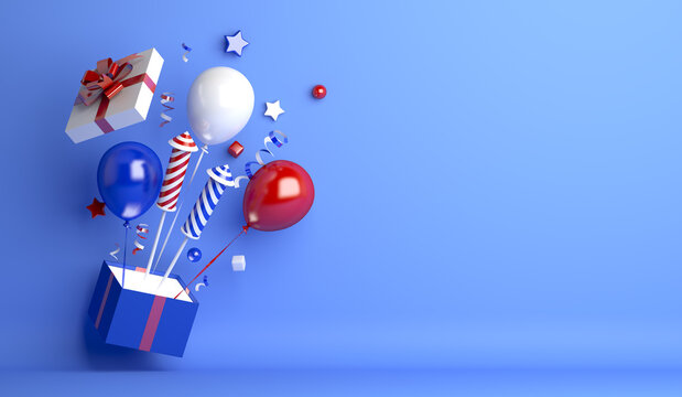 Happy Russia day decoration background with balloon firework gift box copy space text, Kings day, Bastille day, 3d rendering illustration