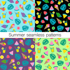 Set of four colourful summer seamless patterns. Ice-cream, lemonade, watermelon, strawberry, grapes, citrus slices, monstera leaves, various colour combinations. Trendy flat style, vector illustration