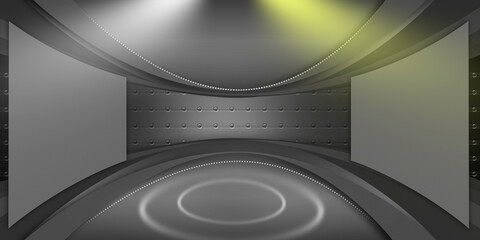 3D rendering of empty frames and center stage on a modern digital studio with copyspace