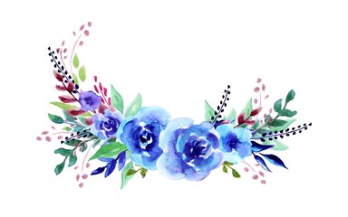 Bouquet of blue roses, watercolor hand drawing, isolated, white background. Design element for wedding invitations cards