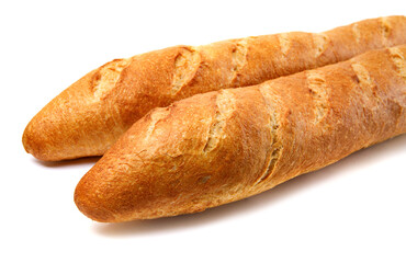 Two baguettes on a white background. French baguette.