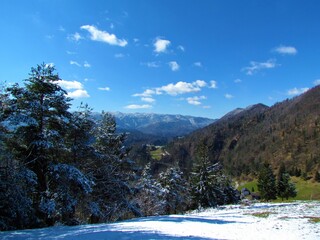 View of Trnovo forest plateau and Mali Golak in Littoral region of Slovenia covered in snow