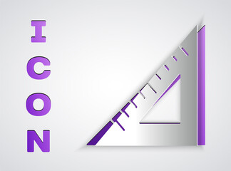 Paper cut Triangular ruler icon isolated on grey background. Straightedge symbol. Geometric symbol. Paper art style. Vector