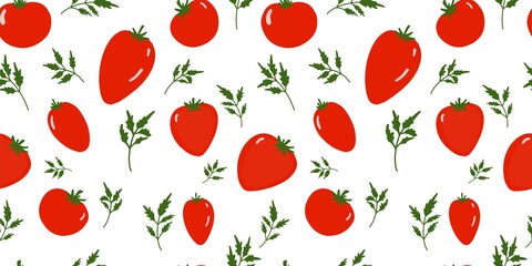 Seamless tomato background. Pattern on the theme of vegetables. Red tomatoes on a white background. Kitchen textiles design. Summer pattern
