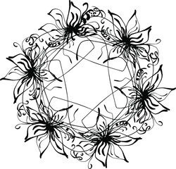 wreath of branches with leaves and flowers. Vector isolated contour decorative squiggle wreath for invitation card frame for weddings and cards