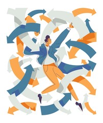 ADHD concept illustration isolated on white. Vector man trying to catch all vectors and arrows of his life. Attention deficit hyperactivity disorder