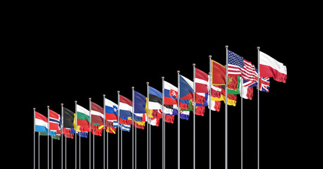 The 30 waving Flags of NATO Countries - North Atlantic Treaty. Isolated on black background  - 3D illustration.