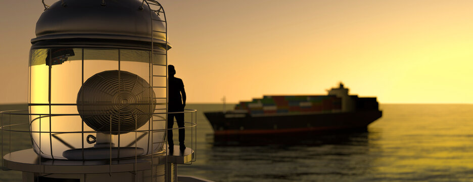 Close Up Of A Lighthouse Keeper Watching A Large Container Ship At Sea During Sunrise 3d Render