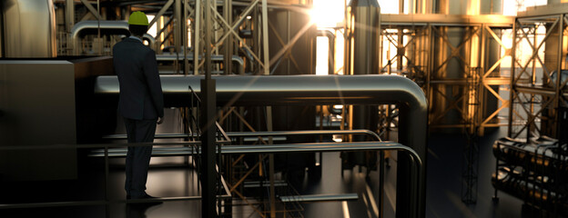 Technician supervisor looking out onto an oil refinery at sunset with pipes and steel 3d render