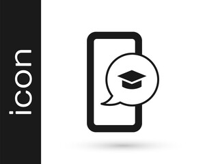 Black Graduation cap on screen smartphone icon isolated on white background. Online learning or e-learning concept. Vector
