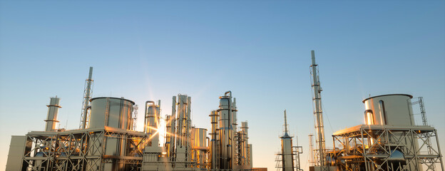 large oil refinery plant at sunrise on a clear day 3d render