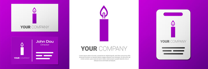 Logotype Burning candle icon isolated on white background. Cylindrical candle stick with burning flame. Logo design template element. Vector