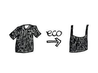 Hand drawn infographic for changing used cloth to bag. Graphic element for eco-friendly concept.
