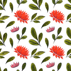 Lotus flowers and green leaves. Seamless pattern for spring and summer season. Watercolor illustration on white background.