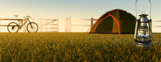Camping at sunrise in a small tent on a grass meadow with a mountain bike next to the tent 3d render