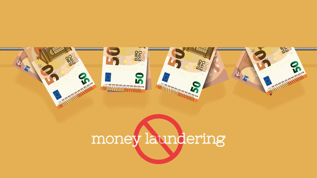 Economic Crime Poster On The Prohibition Of Money Laundering. Curved EU Paper Money. 50 Euro Banknotes Hang On A Rope