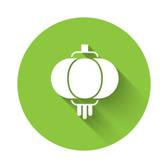 White Chinese paper lantern icon isolated with long shadow. Green circle button. Vector