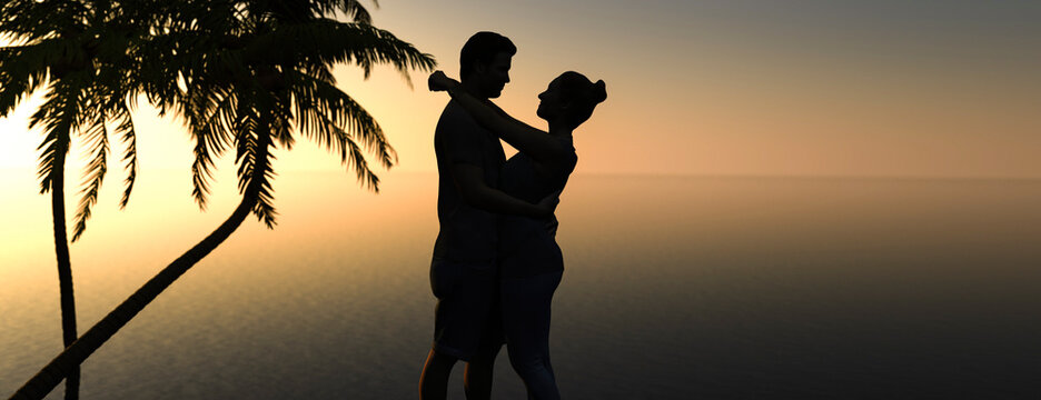 Young couple cuddling next to palm trees at sunset concert 3d render