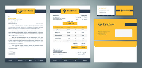 Yellow design corporate identity, including letterhead, invoice, business card and envelope